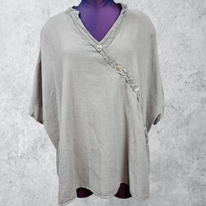 Oh My Gauze Grey Cotton Asymmetrical Button Front Poncho Top Size L/XL Lagenlook